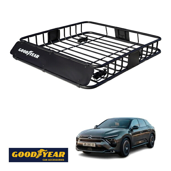 【GOODYEAR正規品】 スチール ルーフラック ROAD PRO 1111mm×158mm×993mm 耐荷重100kg ブラック 組み立て式 GOODYEARロゴ入り ルーフキャリア バスケット ベースキャリア カーゴネット シトロエン C5 X E435|トラックチューナーズ店