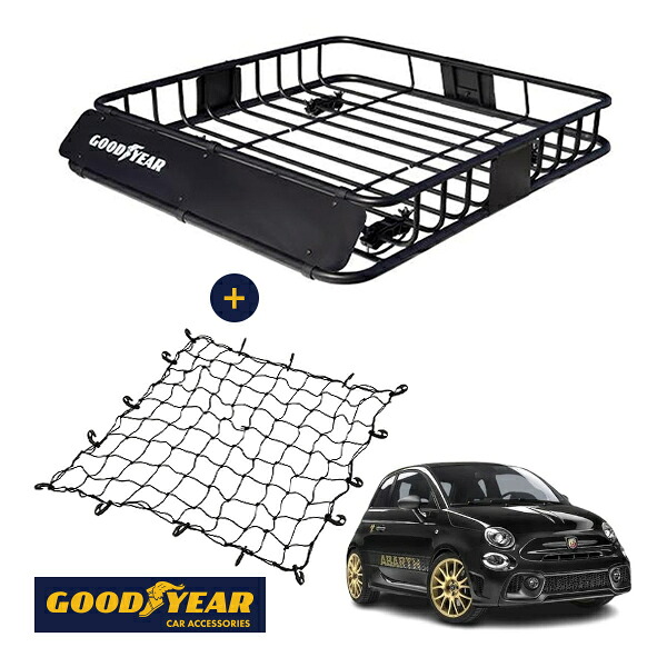 【GOODYEAR正規品】 スチール ルーフラック ROAD PRO ＋ ルーフネット セット 1111mm&times;158mm&times;993mm 耐荷重100kg ブラック 組み立て式 GOODYEARロゴ入り ルーフキャリア バスケット ベースキャリア装着車両 アバルト アバルト695セッタンタチンクエアニヴェルサーリオ 312｜トラックチューナーズ店 18,600円