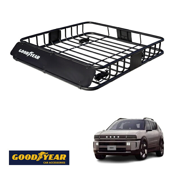 【GOODYEAR正規品】 スチール ルーフラック ROAD PRO 1111mm&times;158mm&times;993mm 耐荷重100kg ブラック 組み立て式 GOODYEARロゴ入り ルーフキャリア バスケット ベースキャリア カーゴネット ヒョンデ ネッソ FE T0｜トラックチューナーズ店