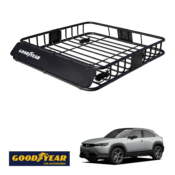 【GOODYEAR正規品】 スチール ルーフラック ROAD PRO 1111mm×158mm×993mm 耐荷重100kg ブラック 組み立て式 GOODYEARロゴ入り ルーフキャリア バスケット ベースキャリア カーゴネット マツダ MX-30 DREJ3P|トラックチューナーズ店