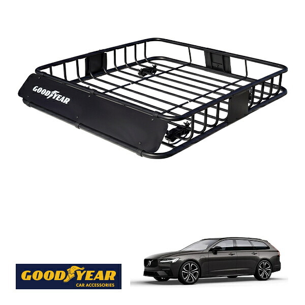 【GOODYEAR正規品】 スチール ルーフラック ROAD PRO 1111mm×158mm×993mm 耐荷重100kg ブラック 組み立て式 GOODYEARロゴ入り ルーフキャリア バスケット ベースキャリア カーゴネット ボルボ V90 PB PD|トラックチューナーズ店