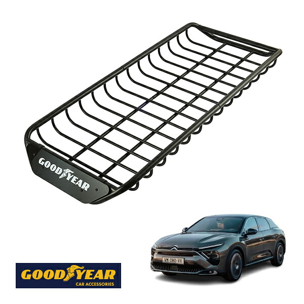 【GOODYEAR正規品】 スチール ルーフラック SKINNY PRO 1470mm&times;590mm&times;124mm 耐荷重75kg ブラック 組み立て式 GOODYEARロゴ入り ルーフキャリア バスケット ベースキャリア カーゴネット シトロエン C5 X E435｜トラックチューナーズ店