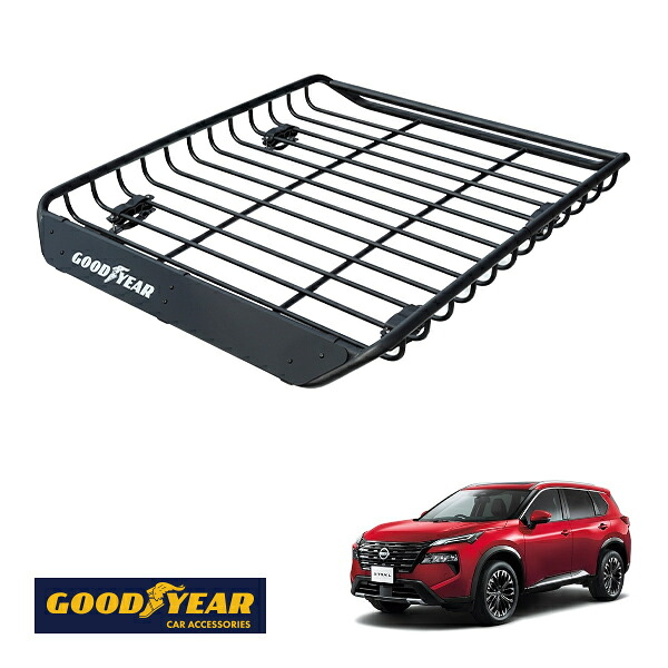 【GOODYEAR正規品】 スチール ルーフラック MEGA PRO 1341mm&times;124mm&times;1105mm 耐荷重100kg ブラック 組み立て式 GOODYEARロゴ入り ルーフキャリア バスケット ベースキャリア装着車両 カーゴネット 日産 エクストレイル T33型｜トラックチューナーズ店