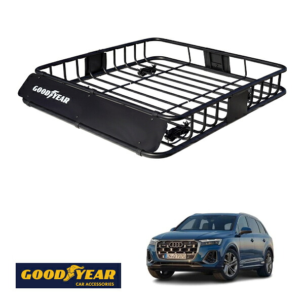 【GOODYEAR正規品】 スチール ルーフラック ROAD PRO 1111mm&times;158mm&times;993mm 耐荷重100kg ブラック 組み立て式 GOODYEARロゴ入り ルーフキャリア バスケット ベースキャリア カーゴネット アウディ Q7 4M｜トラックチューナーズ店