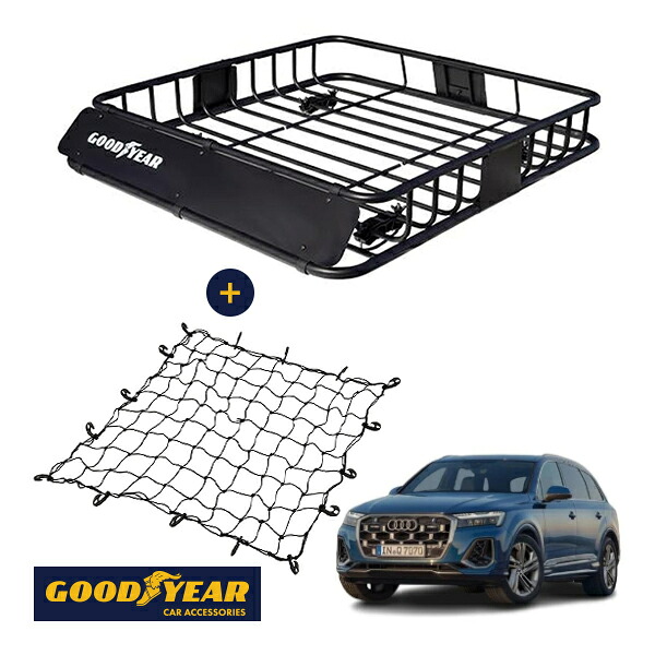【GOODYEAR正規品】 スチール ルーフラック ROAD PRO + ルーフネット セット 1111mm×158mm×993mm 耐荷重100kg ブラック 組み立て式 GOODYEARロゴ入り ルーフキャリア バスケット ベースキャリア装着車両 アウディ Q7 4M|トラックチューナーズ店