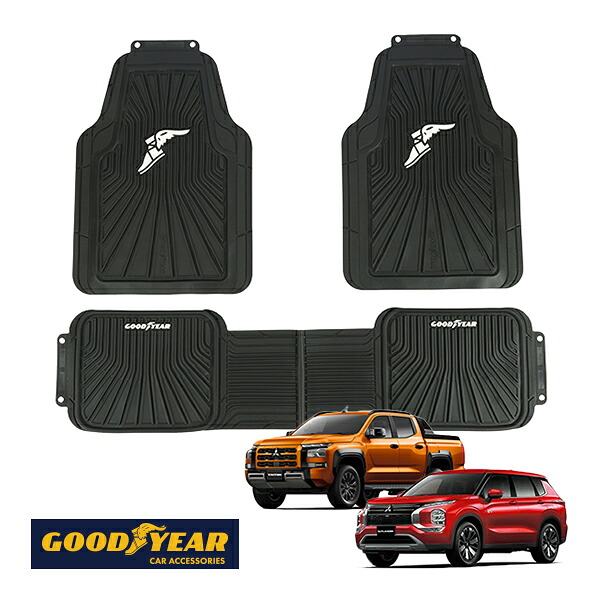 P10倍 エントリー 【GOODYEAR正規品】汎用 ロゴ入 ラバー フロアマット オールウェザーマット ラバーマット 3枚セット 運転席 助手席 セカンドシート 後部座席 PVC カット可能 三菱 トライトン アウトランダー エクリプスクロス eKクロス eKワゴン デリカ
