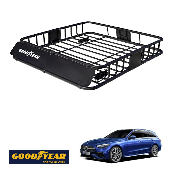 【GOODYEAR正規品】 スチール ルーフラック ROAD PRO 1111mm&times;158mm&times;993mm 耐荷重100kg ブラック 組み立て式 GOODYEARロゴ入り ルーフキャリア バスケット ベースキャリア カーゴネット メルセデスベンツ Cクラス ステーションワゴン S206｜トラックチューナーズ店