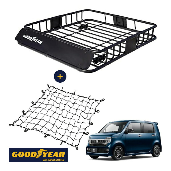 【GOODYEAR正規品】 スチール ルーフラック ROAD PRO ＋ ルーフネット セット 1111mm&times;158mm&times;993mm 耐荷重100kg ブラック 組み立て式 GOODYEARロゴ入り ルーフキャリア バスケット ベースキャリア装着車両 ホンダ N-WGNカスタム JH3 JH4｜トラックチューナーズ店 17,360円
