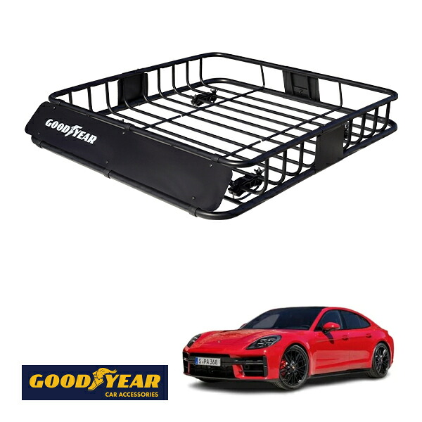 【GOODYEAR正規品】 スチール ルーフラック ROAD PRO 1111mm&times;158mm&times;993mm 耐荷重100kg ブラック 組み立て式 GOODYEARロゴ入り ルーフキャリア バスケット ベースキャリア カーゴネット ポルシェ パナメーラ 972｜トラックチューナーズ店