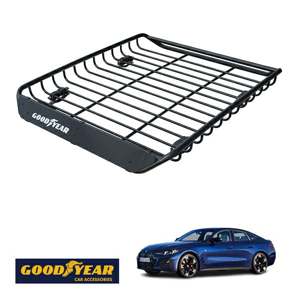 【GOODYEAR正規品】 スチール ルーフラック MEGA PRO 1341mm&times;124mm&times;1105mm 耐荷重100kg ブラック 組み立て式 GOODYEARロゴ入り ルーフキャリア バスケット ベースキャリア装着車両 カーゴネット BMW 4シリーズ G26 G22 G23｜トラックチューナーズ店