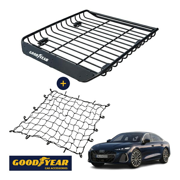 【GOODYEAR正規品】 スチール ルーフラック MEGA PRO ＋ ルーフネット セット 1341mm&times;124mm&times;1105mm 耐荷重100kg ブラック 組み立て式 GOODYEARロゴ入り ルーフキャリア バスケット ベースキャリア装着車両 アウディ A6 F2 C9｜トラックチューナーズ店 21,754円