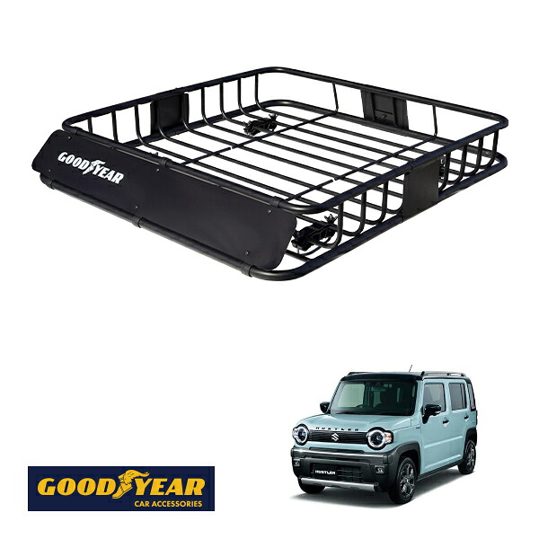 【GOODYEAR正規品】 スチール ルーフラック ROAD PRO 1111mm×158mm×993mm 耐荷重100kg ブラック 組み立て式 GOODYEARロゴ入り ルーフキャリア バスケット ベースキャリア カーゴネット スズキ ハスラータフワイルド MR52S MR92S|トラックチューナーズ店