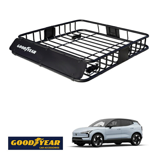 【GOODYEAR正規品】 スチール ルーフラック ROAD PRO 1111mm×158mm×993mm 耐荷重100kg ブラック 組み立て式 GOODYEARロゴ入り ルーフキャリア バスケット ベースキャリア カーゴネット ボルボ EX30 2E|トラックチューナーズ店