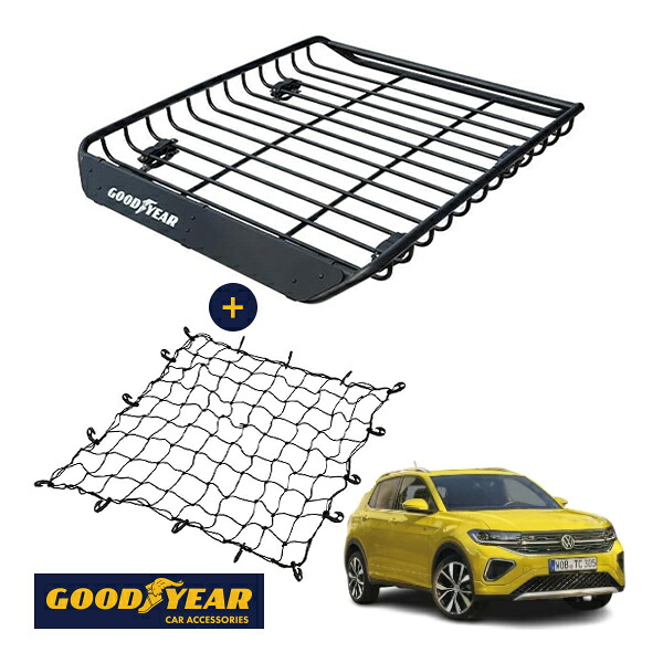P10倍 エントリー 【GOODYEAR正規品】 スチール ルーフラック MEGA PRO ＋ ルーフネット セット 1341mm×124mm×1105mm 耐荷重100kg ブラック 組み立て式 GOODYEARロゴ入り ルーフキャリア バスケット ベースキャリア装着車両 フォルクスワーゲン T-クロス C1