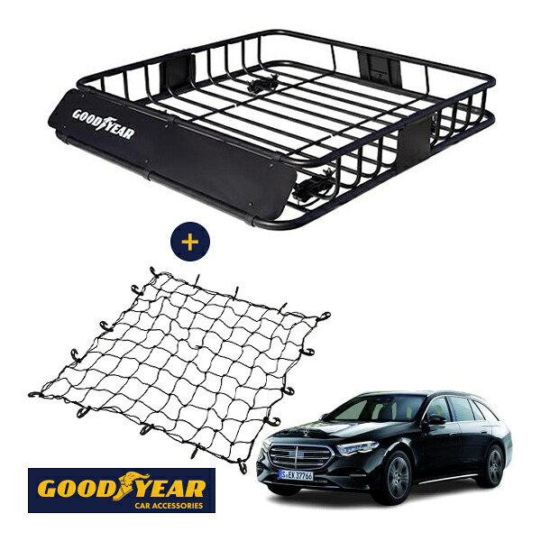 【GOODYEAR正規品】 スチール ルーフラック ROAD PRO + ルーフネット セット 1111mm×158mm×993mm 耐荷重100kg ブラック 組み立て式 GOODYEARロゴ入り ルーフキャリア バスケット ベースキャリア装着車両 メルセデスベンツ Eクラス ステーションワゴン S214|トラックチューナーズ店