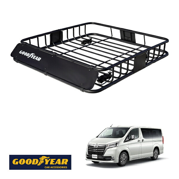 【GOODYEAR正規品】 スチール ルーフラック ROAD PRO 1111mm&times;158mm&times;993mm 耐荷重100kg ブラック 組み立て式 GOODYEARロゴ入り ルーフキャリア バスケット ベースキャリア カーゴネット トヨタ グランエース 300系｜トラックチューナーズ店