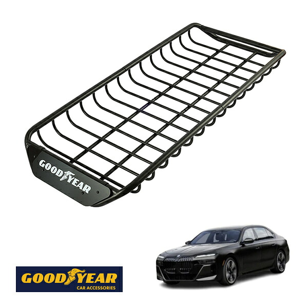 【GOODYEAR正規品】 スチール ルーフラック SKINNY PRO 1470mm&times;590mm&times;124mm 耐荷重75kg ブラック 組み立て式 GOODYEARロゴ入り ルーフキャリア バスケット ベースキャリア カーゴネット BMW 7シリーズ G70｜トラックチューナーズ店