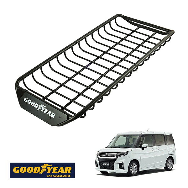 【GOODYEAR正規品】 スチール ルーフラック SKINNY PRO 1470mm&times;590mm&times;124mm 耐荷重75kg ブラック 組み立て式 GOODYEARロゴ入り ルーフキャリア バスケット ベースキャリア カーゴネット 三菱 デリカD:2 MB37S｜トラックチューナーズ店