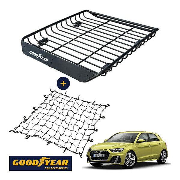 【GOODYEAR正規品】 スチール ルーフラック MEGA PRO ＋ ルーフネット セット 1341mm&times;124mm&times;1105mm 耐荷重100kg ブラック 組み立て式 GOODYEARロゴ入り ルーフキャリア バスケット ベースキャリア装着車両 アウディ A1スポーツバック GB｜トラックチューナーズ店