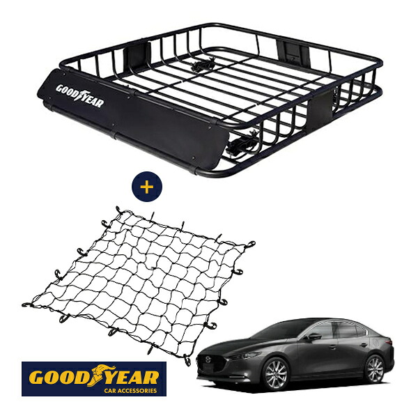 【GOODYEAR正規品】 スチール ルーフラック ROAD PRO + ルーフネット セット 1111mm×158mm×993mm 耐荷重100kg ブラック 組み立て式 GOODYEARロゴ入り ルーフキャリア バスケット ベースキャリア装着車両 マツダ MAZDA3 BP系|トラックチューナーズ店