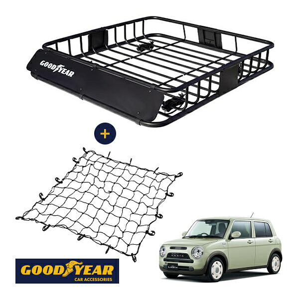 【GOODYEAR正規品】 スチール ルーフラック ROAD PRO ＋ ルーフネット セット 1111mm&times;158mm&times;993mm 耐荷重100kg ブラック 組み立て式 GOODYEARロゴ入り ルーフキャリア バスケット ベースキャリア装着車両 スズキ アルトラパンLC HE33S HE93S｜トラックチューナーズ店