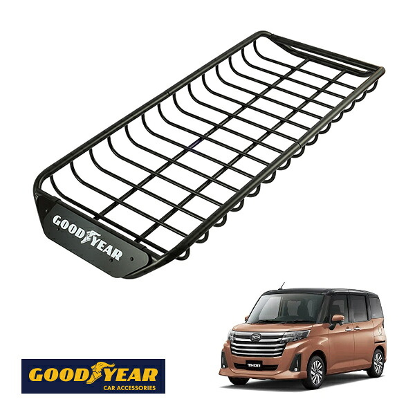 【GOODYEAR正規品】 スチール ルーフラック SKINNY PRO 1470mm&times;590mm&times;124mm 耐荷重75kg ブラック 組み立て式 GOODYEARロゴ入り ルーフキャリア バスケット ベースキャリア カーゴネット ダイハツ トールカスタム 900系｜トラックチューナーズ店