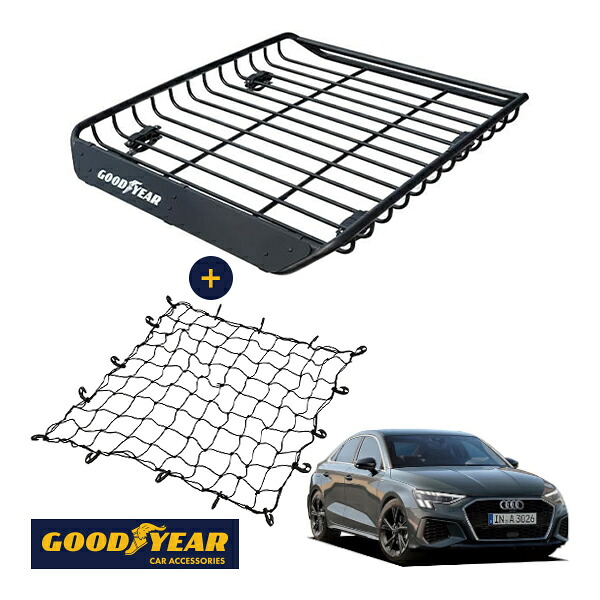 【GOODYEAR正規品】 スチール ルーフラック MEGA PRO ＋ ルーフネット セット 1341mm&times;124mm&times;1105mm 耐荷重100kg ブラック 組み立て式 GOODYEARロゴ入り ルーフキャリア バスケット ベースキャリア装着車両 アウディ A3セダン GY｜トラックチューナーズ店