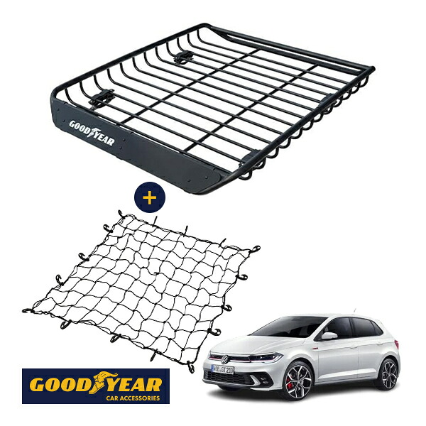 P10倍 エントリー 【GOODYEAR正規品】 スチール ルーフラック MEGA PRO ＋ ルーフネット セット 1341mm×124mm×1105mm 耐荷重100kg ブラック 組み立て式 GOODYEARロゴ入り ルーフキャリア バスケット ベースキャリア装着車両 フォルクスワーゲン ポロGTI AW