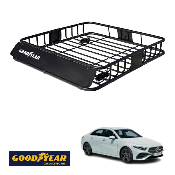 【GOODYEAR正規品】 スチール ルーフラック ROAD PRO 1111mm&times;158mm&times;993mm 耐荷重100kg ブラック 組み立て式 GOODYEARロゴ入り ルーフキャリア バスケット ベースキャリア カーゴネット メルセデスベンツ Aクラス セダン V177｜トラックチューナーズ店