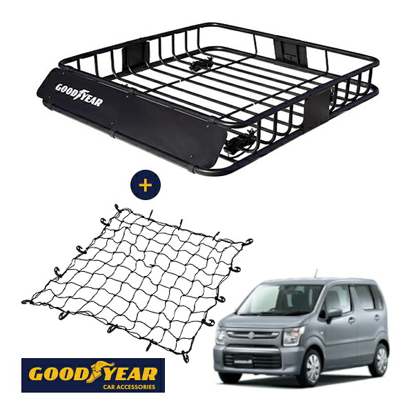 【GOODYEAR正規品】 スチール ルーフラック ROAD PRO + ルーフネット セット 1111mm×158mm×993mm 耐荷重100kg ブラック 組み立て式 GOODYEARロゴ入り ルーフキャリア バスケット ベースキャリア装着車両 スズキ ワゴンR MH85S MH95S|トラックチューナーズ店