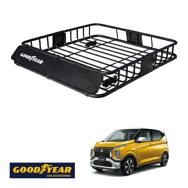 【GOODYEAR正規品】 スチール ルーフラック ROAD PRO 1111mm×158mm×993mm 耐荷重100kg ブラック 組み立て式 GOODYEARロゴ入り ルーフキャリア バスケット ベースキャリア カーゴネット 三菱 eKクロス B3|トラックチューナーズ店