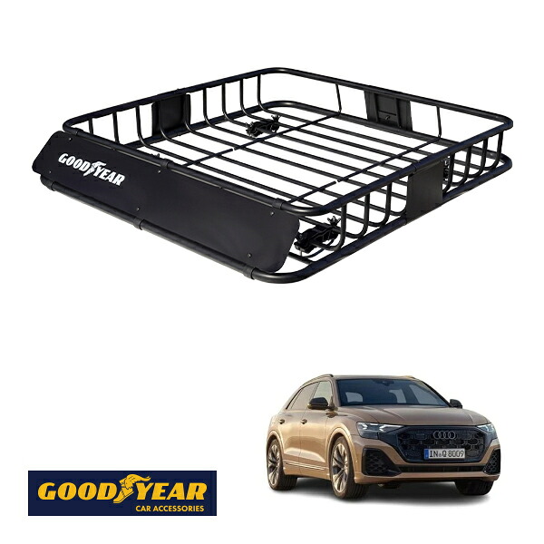 【GOODYEAR正規品】 スチール ルーフラック ROAD PRO 1111mm×158mm×993mm 耐荷重100kg ブラック 組み立て式 GOODYEARロゴ入り ルーフキャリア バスケット ベースキャリア カーゴネット アウディ Q8 F1|トラックチューナーズ店