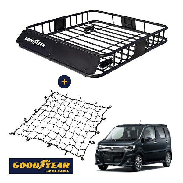 【GOODYEAR正規品】 スチール ルーフラック ROAD PRO ＋ ルーフネット セット 1111mm&times;158mm&times;993mm 耐荷重100kg ブラック 組み立て式 GOODYEARロゴ入り ルーフキャリア バスケット ベースキャリア装着車両 マツダ フレア MJ55S MJ95S｜トラックチューナーズ店 18,352円
