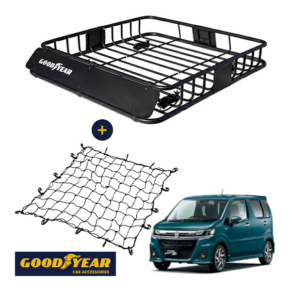 【GOODYEAR正規品】 スチール ルーフラック ROAD PRO + ルーフネット セット 1111mm×158mm×993mm 耐荷重100kg ブラック 組み立て式 GOODYEARロゴ入り ルーフキャリア バスケット ベースキャリア装着車両 スズキ ワゴンRカスタムZ MH55S MH95S|トラックチューナーズ店