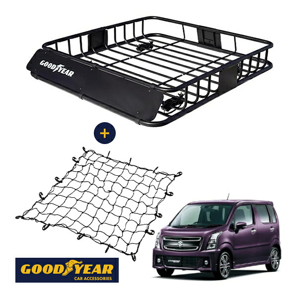 【GOODYEAR正規品】 スチール ルーフラック ROAD PRO ＋ ルーフネット セット 1111mm&times;158mm&times;993mm 耐荷重100kg ブラック 組み立て式 GOODYEARロゴ入り ルーフキャリア バスケット ベースキャリア装着車両 スズキ ワゴンRスティングレー MH55S｜トラックチューナーズ店