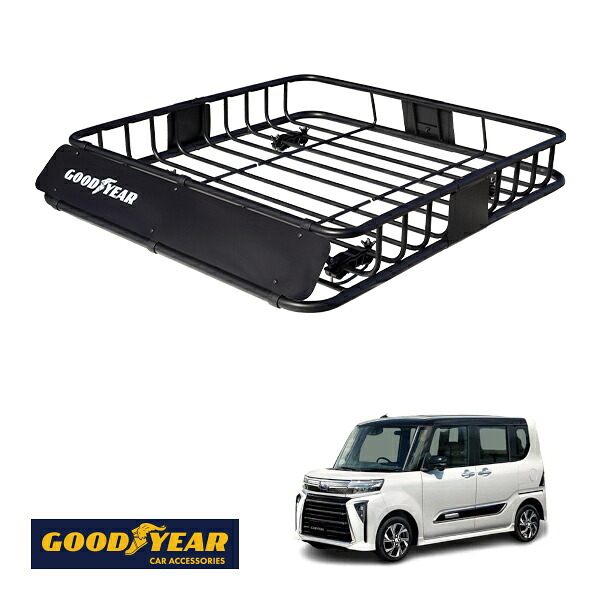 【GOODYEAR正規品】 スチール ルーフラック ROAD PRO 1111mm&times;158mm&times;993mm 耐荷重100kg ブラック 組み立て式 GOODYEARロゴ入り ルーフキャリア バスケット ベースキャリア カーゴネット スバル シフォンカスタム LA650F LA660F｜トラックチューナーズ店