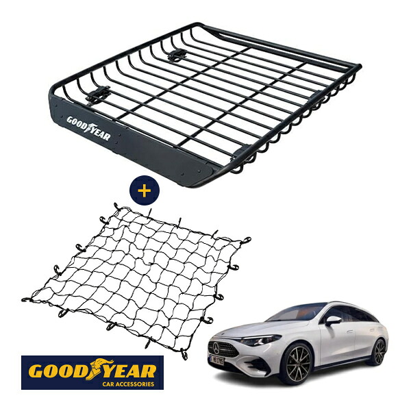 【GOODYEAR正規品】 スチール ルーフラック MEGA PRO ＋ ルーフネット セット 1341mm&times;124mm&times;1105mm 耐荷重100kg ブラック 組み立て式 GOODYEARロゴ入り ルーフキャリア バスケット ベースキャリア装着車両 メルセデスベンツ CLAクラス シューティングブレーク X118 X178｜トラックチューナーズ店