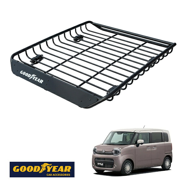 【GOODYEAR正規品】 スチール ルーフラック MEGA PRO 1341mm&times;124mm&times;1105mm 耐荷重100kg ブラック 組み立て式 GOODYEARロゴ入り ルーフキャリア バスケット ベースキャリア装着車両 カーゴネット スズキ ワゴンRスマイル MX81S MX91S｜トラックチューナーズ店