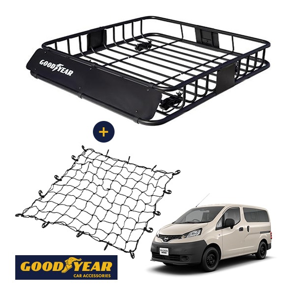 【GOODYEAR正規品】 スチール ルーフラック ROAD PRO ＋ ルーフネット セット 1111mm&times;158mm&times;993mm 耐荷重100kg ブラック 組み立て式 GOODYEARロゴ入り ルーフキャリア バスケット ベースキャリア装着車両 日産 NV200バネット M20｜トラックチューナーズ店