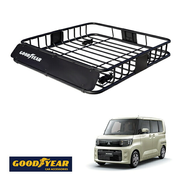 【GOODYEAR正規品】 スチール ルーフラック ROAD PRO 1111mm×158mm×993mm 耐荷重100kg ブラック 組み立て式 GOODYEARロゴ入り ルーフキャリア バスケット ベースキャリア カーゴネット 三菱 eKスペース B3 BA|トラックチューナーズ店