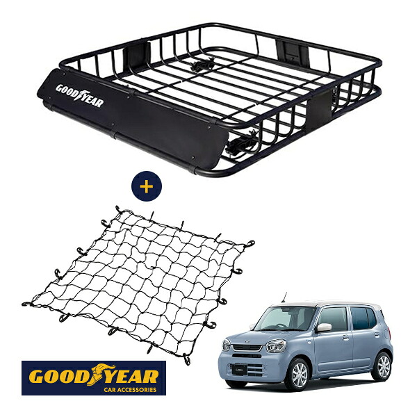【GOODYEAR正規品】 スチール ルーフラック ROAD PRO ＋ ルーフネット セット 1111mm&times;158mm&times;993mm 耐荷重100kg ブラック 組み立て式 GOODYEARロゴ入り ルーフキャリア バスケット ベースキャリア装着車両 マツダ キャロル HB37S HB97S｜トラックチューナーズ店