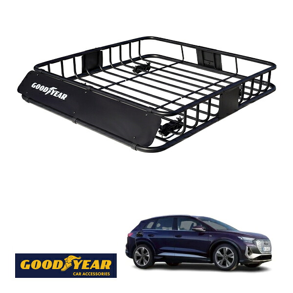 【GOODYEAR正規品】 スチール ルーフラック ROAD PRO 1111mm&times;158mm&times;993mm 耐荷重100kg ブラック 組み立て式 GOODYEARロゴ入り ルーフキャリア バスケット ベースキャリア カーゴネット アウディ Q4 e-トロン FZ｜トラックチューナーズ店