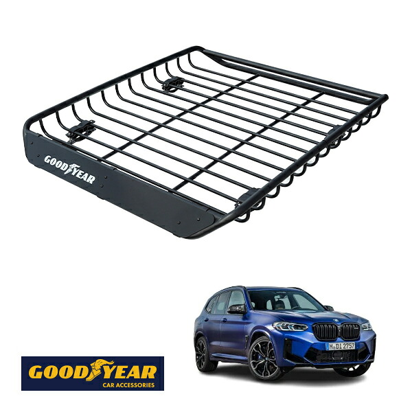 【GOODYEAR正規品】 スチール ルーフラック MEGA PRO 1341mm&times;124mm&times;1105mm 耐荷重100kg ブラック 組み立て式 GOODYEARロゴ入り ルーフキャリア バスケット ベースキャリア装着車両 カーゴネット BMW X3 M G01｜トラックチューナーズ店