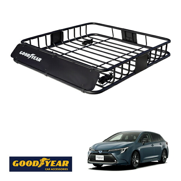 【GOODYEAR正規品】 スチール ルーフラック ROAD PRO 1111mm×158mm×993mm 耐荷重100kg ブラック 組み立て式 GOODYEARロゴ入り ルーフキャリア バスケット ベースキャリア カーゴネット トヨタ カローラツーリング 210系|トラックチューナーズ店