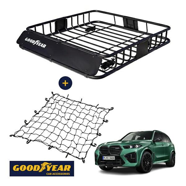 【GOODYEAR正規品】 スチール ルーフラック ROAD PRO ＋ ルーフネット セット 1111mm&times;158mm&times;993mm 耐荷重100kg ブラック 組み立て式 GOODYEARロゴ入り ルーフキャリア バスケット ベースキャリア装着車両 BMW X5 M F95｜トラックチューナーズ店