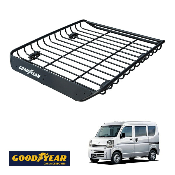 【GOODYEAR正規品】 スチール ルーフラック MEGA PRO 1341mm&times;124mm&times;1105mm 耐荷重100kg ブラック 組み立て式 GOODYEARロゴ入り ルーフキャリア バスケット ベースキャリア装着車両 カーゴネット マツダ スクラムバン DG17｜トラックチューナーズ店
