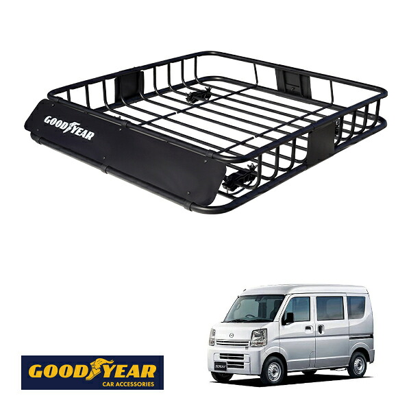 【GOODYEAR正規品】 スチール ルーフラック ROAD PRO 1111mm×158mm×993mm 耐荷重100kg ブラック 組み立て式 GOODYEARロゴ入り ルーフキャリア バスケット ベースキャリア カーゴネット マツダ スクラムバン DG17|トラックチューナーズ店
