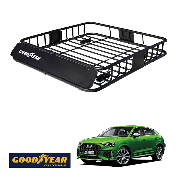 【GOODYEAR正規品】 スチール ルーフラック ROAD PRO 1111mm&times;158mm&times;993mm 耐荷重100kg ブラック 組み立て式 GOODYEARロゴ入り ルーフキャリア バスケット ベースキャリア カーゴネット アウディ RS Q3 スポーツバック F3｜トラックチューナーズ店
