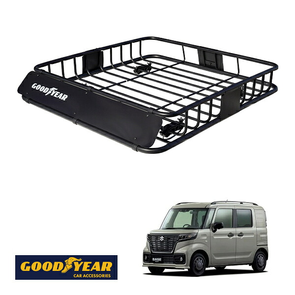 【GOODYEAR正規品】 スチール ルーフラック ROAD PRO 1111mm&times;158mm&times;993mm 耐荷重100kg ブラック 組み立て式 GOODYEARロゴ入り ルーフキャリア バスケット ベースキャリア カーゴネット スズキ スペーシアベース MK33V｜トラックチューナーズ店