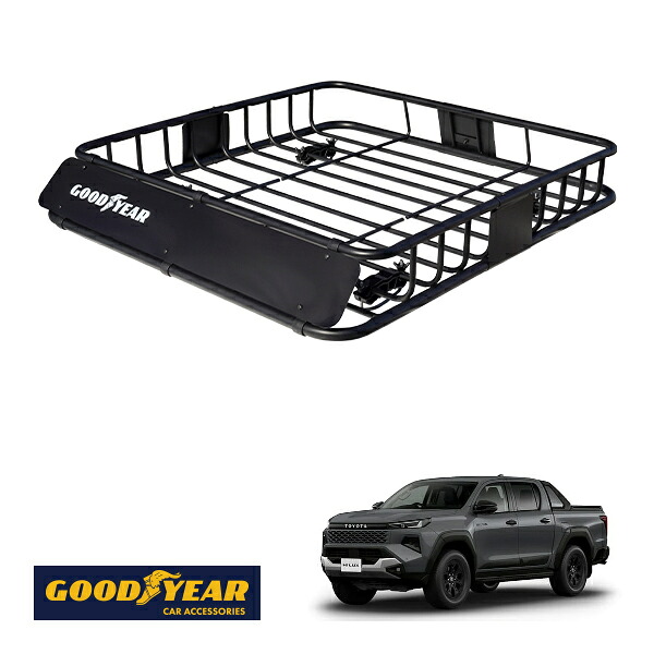 【GOODYEAR正規品】 スチール ルーフラック ROAD PRO 1111mm&times;158mm&times;993mm 耐荷重100kg ブラック 組み立て式 GOODYEARロゴ入り ルーフキャリア バスケット ベースキャリア カーゴネット トヨタ ハイラックス GUN125 GUN226｜トラックチューナーズ店